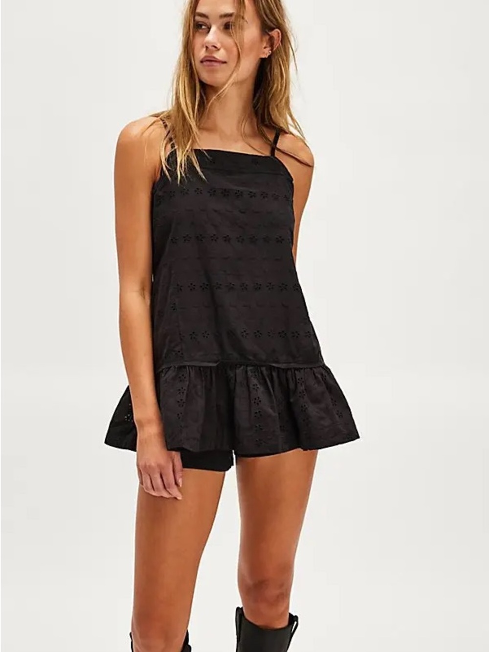 NWOT Free People Caught Up Eyelet Ruffle Black Tunic Cami Size S